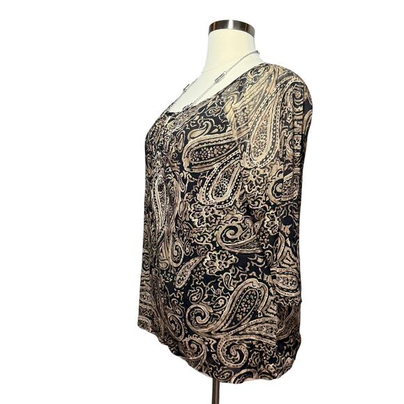 Liz Claiborne Top Women’s Size 3X Black Brown & Tan Paisley 3/4 Sleeve - Picture 2 of 7